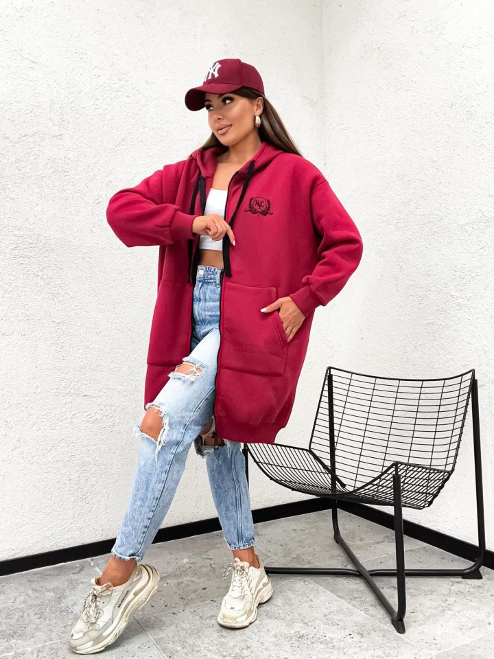 New York City Long Line Burgundy Hoodie - Image 1